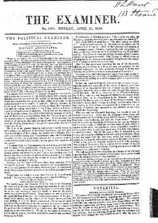 cover page of The Examiner published on April 25, 1830