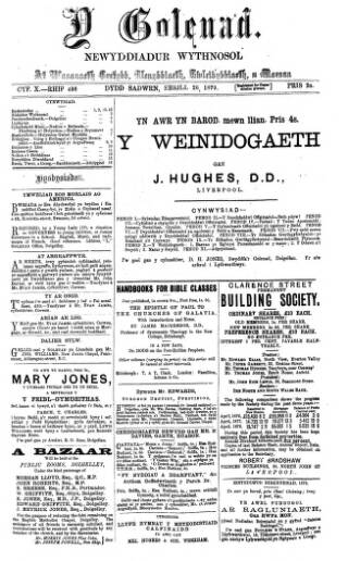cover page of Y Goleuad published on April 26, 1879