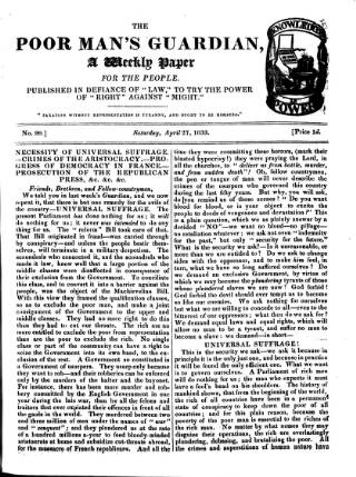 cover page of Poor Man's Guardian published on April 27, 1833