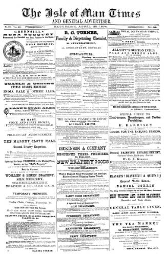 cover page of Isle of Man Times published on April 25, 1874