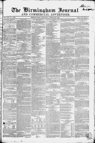 cover page of Birmingham Journal published on March 29, 1845