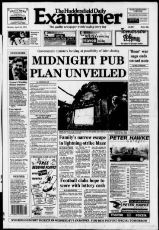 cover page of Huddersfield Daily Examiner published on April 24, 1995
