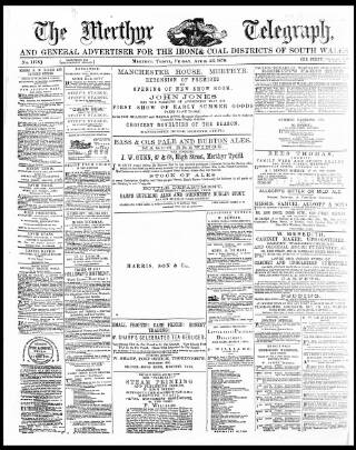 cover page of Merthyr Telegraph, and General Advertiser for the Iron Districts of South Wales published on April 26, 1878