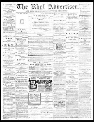 cover page of Rhyl Record and Advertiser published on April 26, 1884