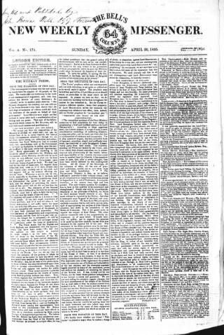 cover page of Bell's New Weekly Messenger published on April 26, 1835