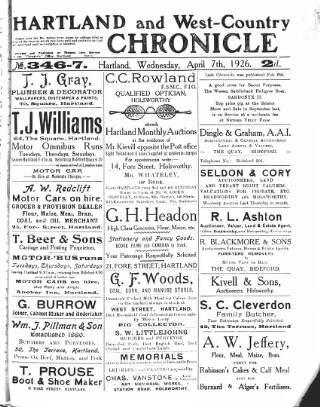 cover page of Hartland and West Country Chronicle published on April 7, 1926