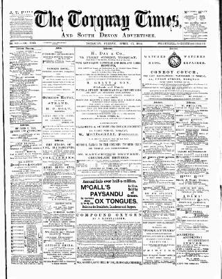 cover page of Torquay Times, and South Devon Advertiser published on April 25, 1884