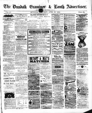 cover page of Dundalk Examiner and Louth Advertiser published on April 26, 1884