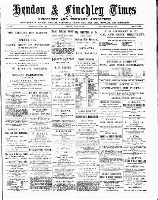 cover page of Hendon & Finchley Times published on April 29, 1887