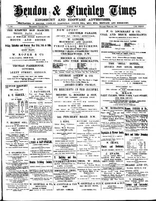 cover page of Hendon & Finchley Times published on May 13, 1892