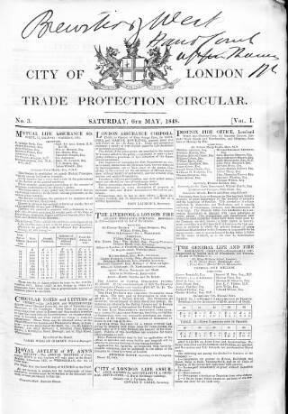 cover page of City of London Trade Protection Circular published on May 6, 1848