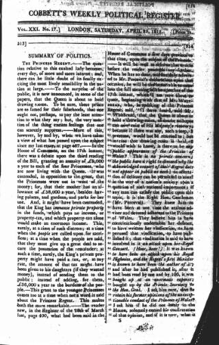 cover page of Cobbett's Weekly Political Register published on April 25, 1812