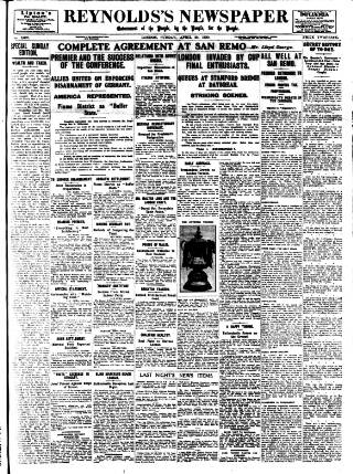 cover page of Reynolds's Newspaper published on April 25, 1920