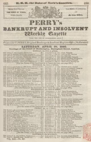 cover page of Perry's Bankrupt Gazette published on April 25, 1840