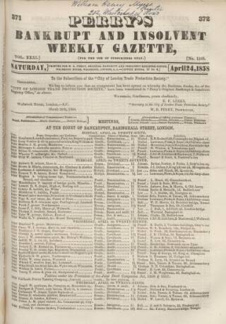 cover page of Perry's Bankrupt Gazette published on April 24, 1858