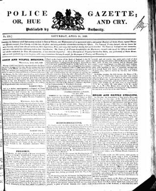 cover page of Police Gazette published on April 25, 1829