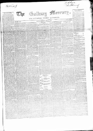 cover page of Galway Mercury, and Connaught Weekly Advertiser published on April 26, 1856