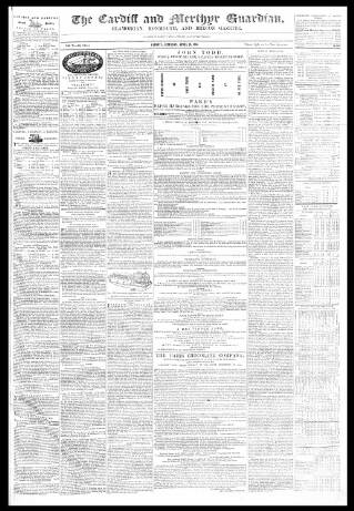 cover page of Cardiff and Merthyr Guardian, Glamorgan, Monmouth, and Brecon Gazette published on April 23, 1853