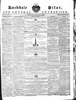 cover page of Rochdale Pilot, and General Advertiser published on March 13, 1858
