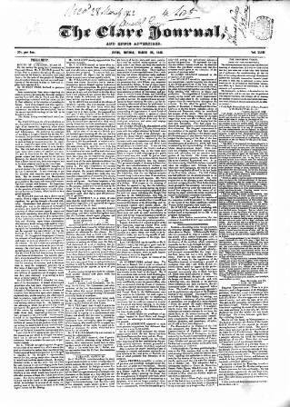 cover page of Clare Journal, and Ennis Advertiser published on March 28, 1842