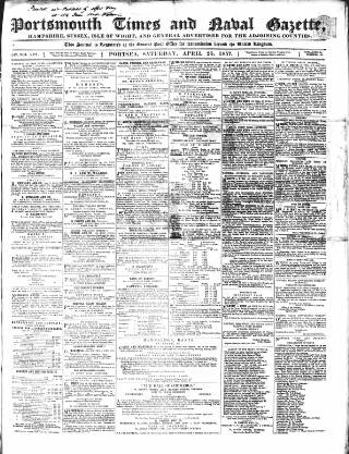 cover page of Portsmouth Times and Naval Gazette published on April 25, 1857