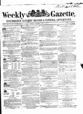 cover page of Weekly Gazette, Incumbered Estates Record & National Advertiser (Dublin, Ireland) published on May 5, 1855