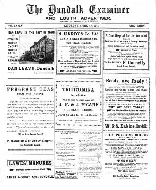 cover page of Dundalk Examiner and Louth Advertiser published on April 17, 1915