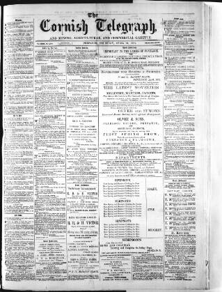 cover page of The Cornish Telegraph published on April 24, 1884