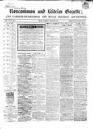 cover page of Roscommon & Leitrim Gazette published on April 25, 1868