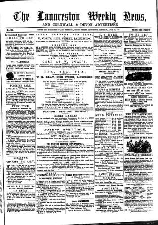 cover page of Launceston Weekly News, and Cornwall & Devon Advertiser. published on April 26, 1862