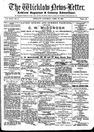 cover page of Wicklow News-Letter and County Advertiser published on April 19, 1902