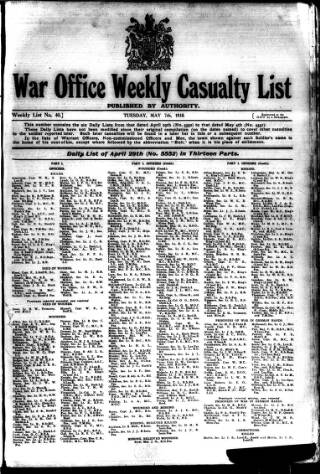 cover page of Weekly Casualty List (War Office & Air Ministry ) published on May 7, 1918
