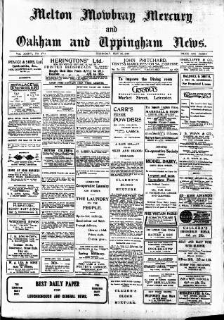 cover page of Melton Mowbray Mercury and Oakham and Uppingham News published on May 20, 1915