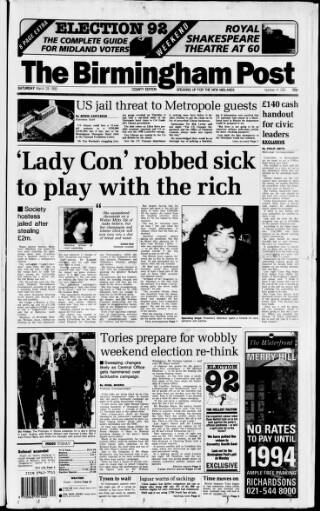cover page of Birmingham Daily Post published on March 28, 1992