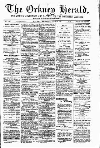 cover page of Orkney Herald, and Weekly Advertiser and Gazette for the Orkney & Zetland Islands published on April 24, 1907