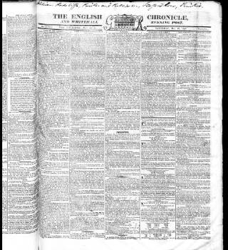 cover page of English Chronicle and Whitehall Evening Post published on May 20, 1820