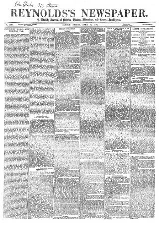 cover page of Reynolds's Newspaper published on April 19, 1874