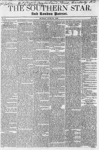 cover page of Southern Star published on June 21, 1840