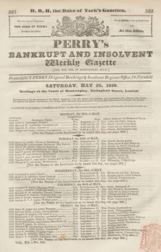 cover page of Perry's Bankrupt Gazette published on May 25, 1839