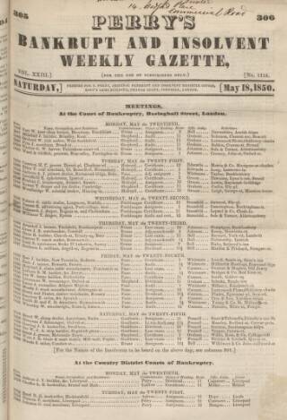 cover page of Perry's Bankrupt Gazette published on May 18, 1850