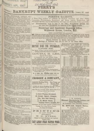 cover page of Perry's Bankrupt Gazette published on April 27, 1867