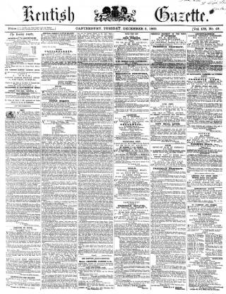 cover page of Kentish Gazette published on December 5, 1865