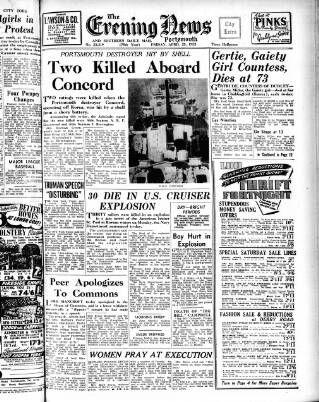 cover page of Portsmouth Evening News published on April 25, 1952