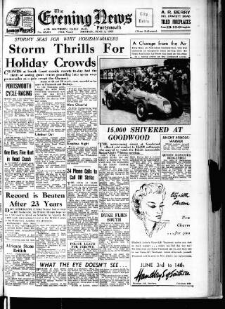 cover page of Portsmouth Evening News published on June 2, 1952