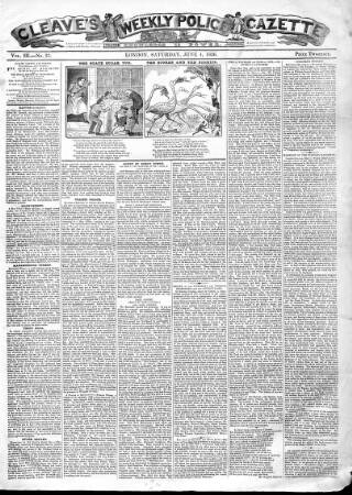 cover page of Cleave's Weekly Police Gazette published on June 4, 1836