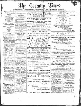 cover page of Coventry Times published on November 28, 1877
