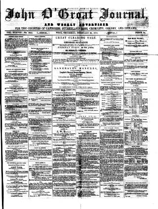 cover page of John o' Groat Journal published on February 26, 1874