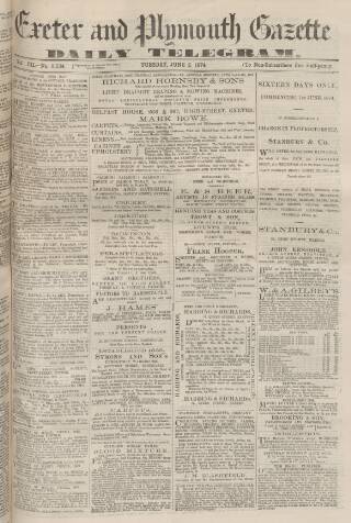 cover page of Exeter and Plymouth Gazette Daily Telegrams published on June 2, 1874