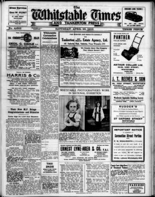 cover page of Whitstable Times and Herne Bay Herald published on April 25, 1953