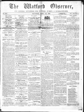 cover page of Watford Observer published on June 3, 1865
